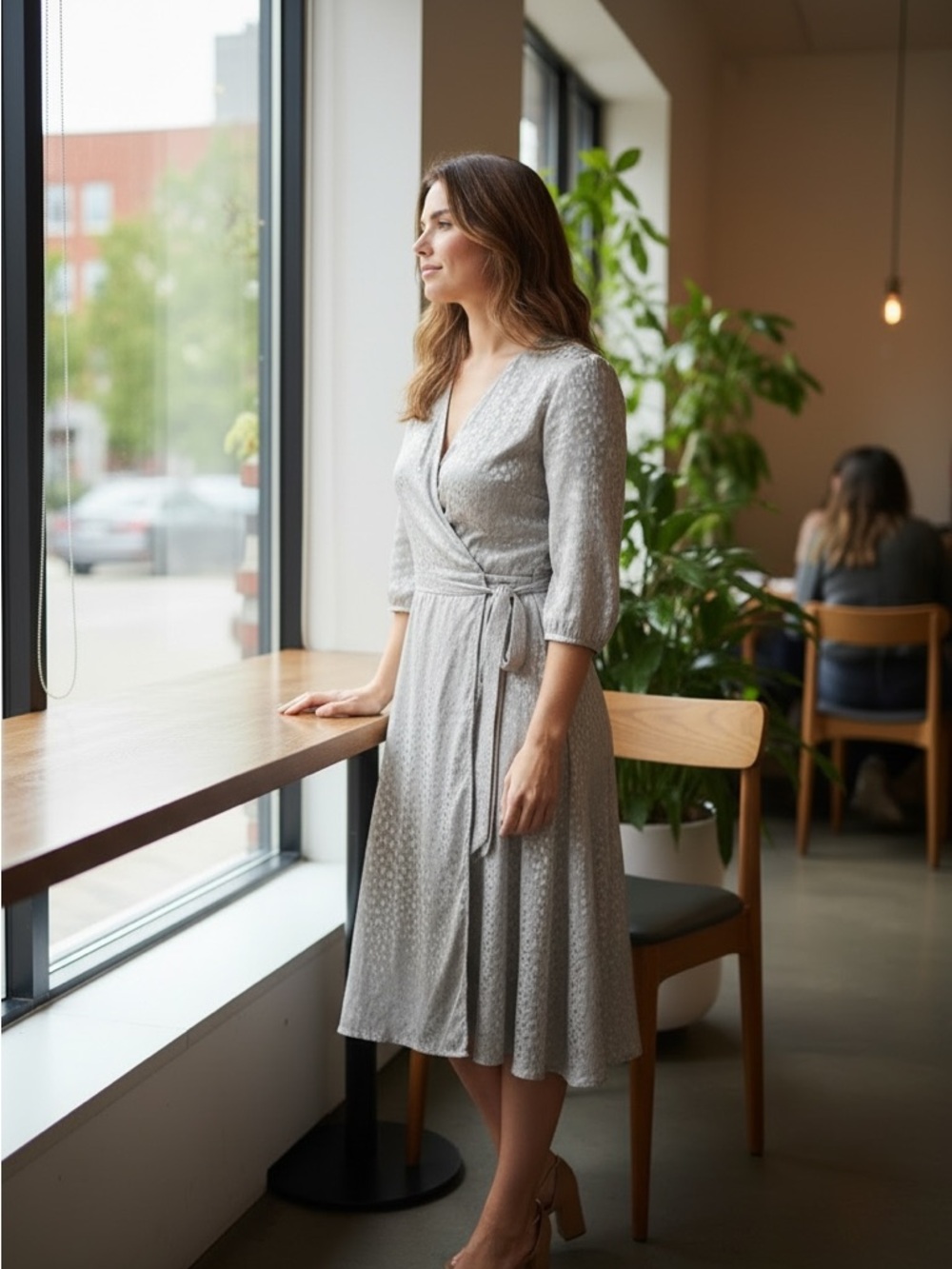 Textured Wrap Midi Dress in Light Gray